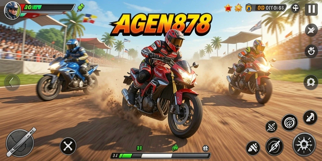 Screenshot AGEN878 menampilkan aksi balapan motor yang mendebarkan.