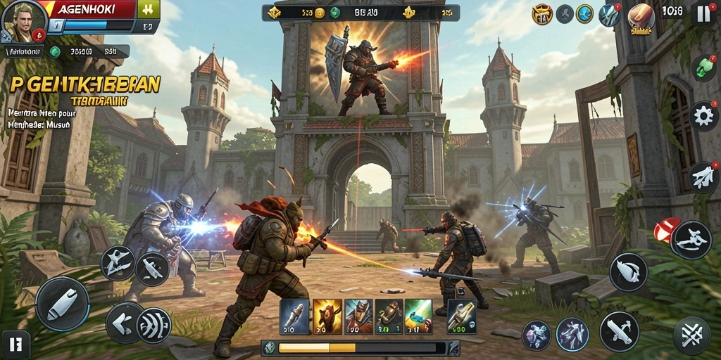 Screenshot gameplay AGENHOKI menampilkan pertempuran menara yang menegangkan.