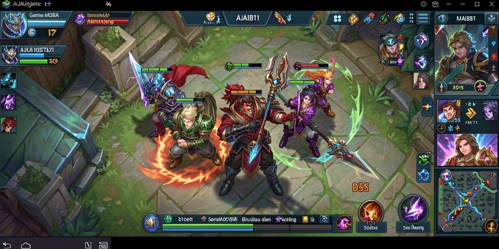 Tampilan gameplay seru dalam AJAIB11 dengan pertarungan karakter MOBA.
