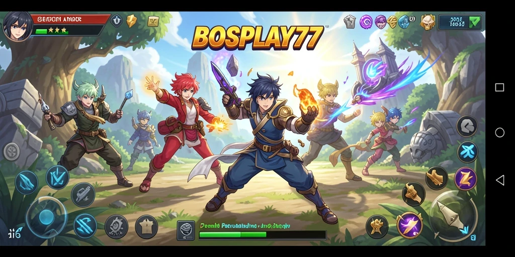 Tampilan gameplay seru di dalam BOSPLAY77 dengan karakter anime.