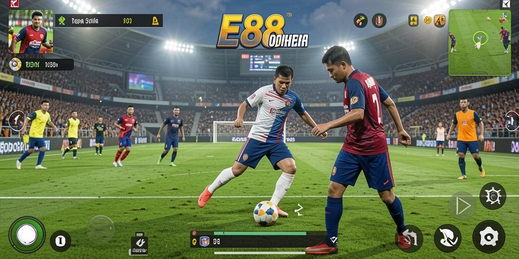 Screenshot gameplay E88 yang menegangkan dengan aksi sepak bola.