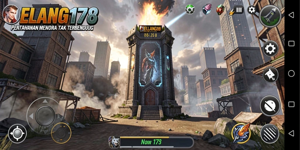 Tampilan gameplay ELANG178 menampilkan aksi menara pertahanan yang mendebarkan.
