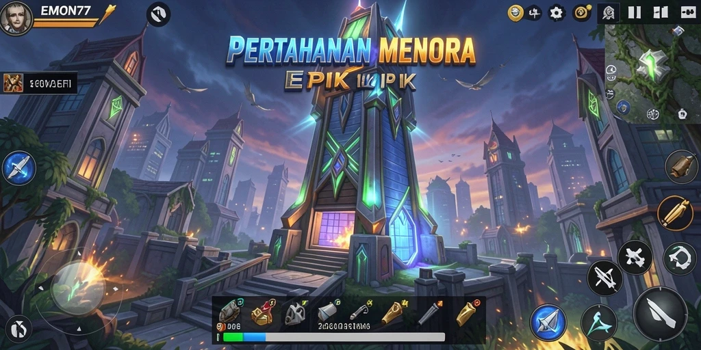 Tampilan gameplay EMON77 dengan strategi pertahanan menara yang intens.