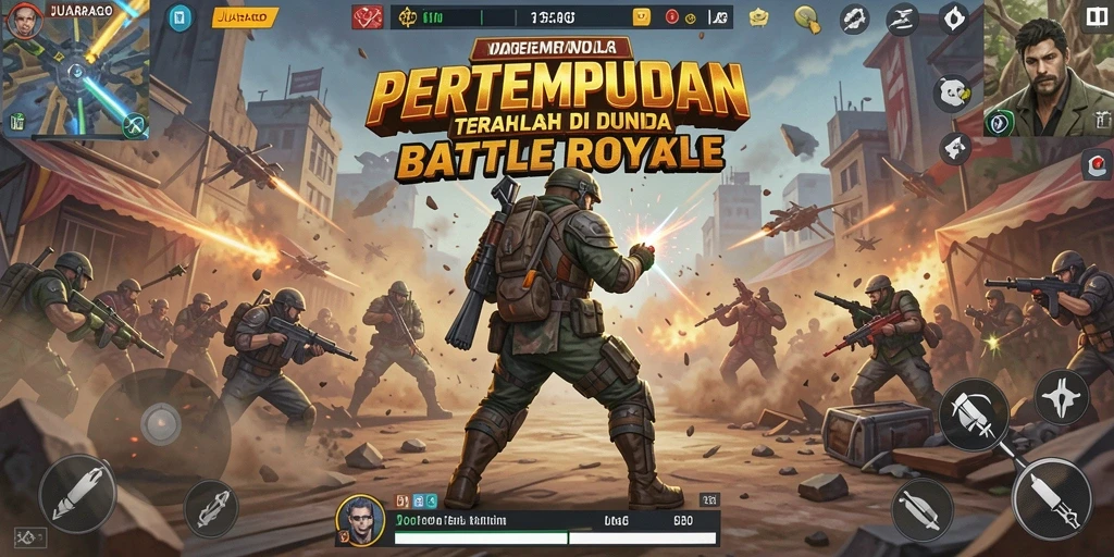 Screenshot JUARAGO menampilkan aksi intens di medan pertempuran Battle Royale.