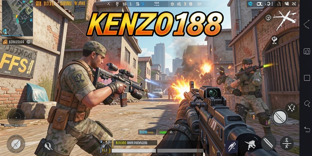 Tangkapan layar utama menampilkan gameplay intens KENZO188 di medan perang.