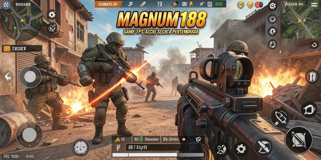 Tangkapan layar gameplay MAGNUM188 yang menunjukkan aksi intens TPS.