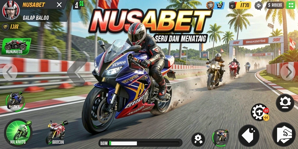 Gameplay seru NUSABET dengan balap motor yang mendebarkan.