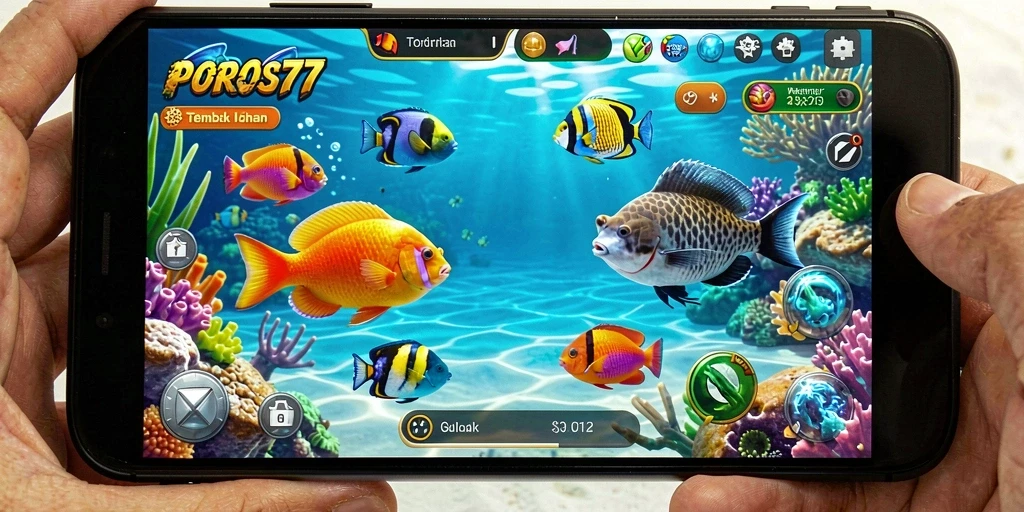 Tampilan gameplay POROS77 saat menembak ikan.