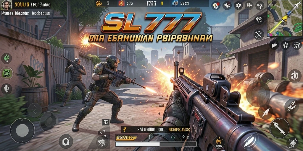 Screenshot menunjukkan aksi tembak-menembak yang intens dalam SL777.