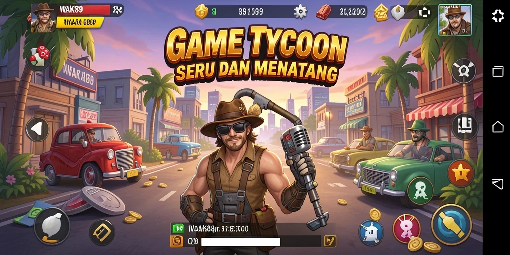 Tampilan gameplay seru dalam WAK89, menggambarkan manajemen bisnis tycoon.