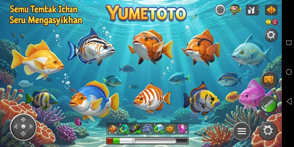 Tampilan gameplay seru dalam YUMETOTO saat menangkap ikan.